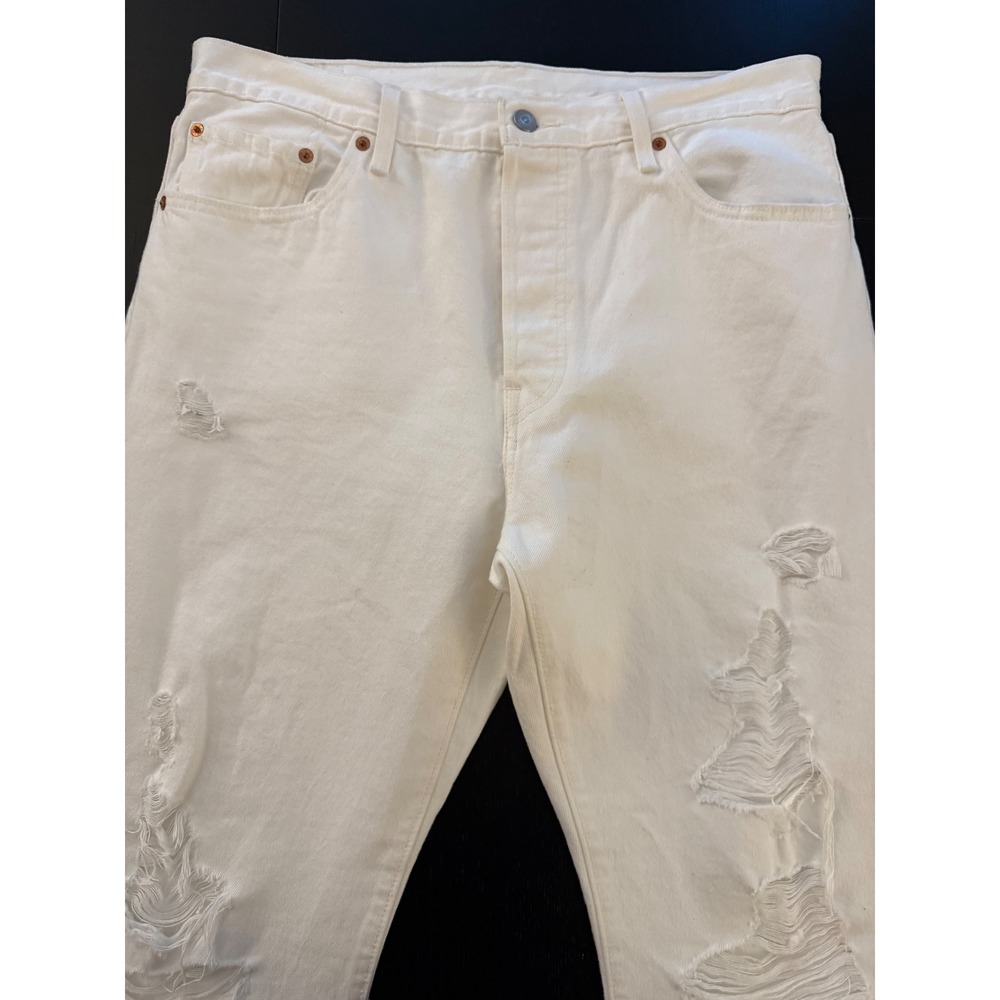 Levi's 501 Button-Fly Jeans Mens 33x29* White‎ Straight Distressed Raw Hem Denim